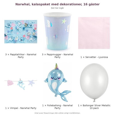 Narwhal, kalaspaket med dekorationer, 16 gäster – innehåll och antal förpackningar