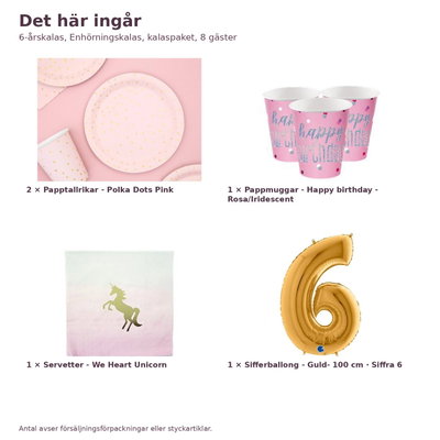 6-årskalas, Enhörningskalas, kalaspaket, 8 gäster – innehåll och antal, sifferballong 100 cm