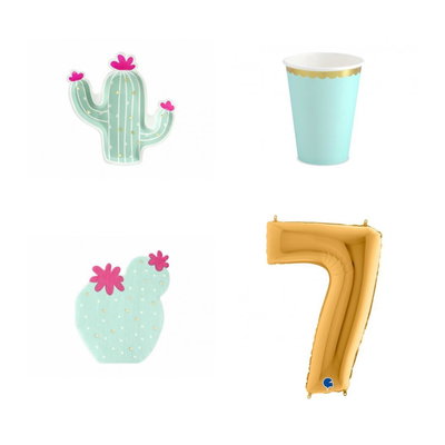 7-årskalas, Llama & kaktus, kalaspaket, 6 gäster – paketets produkter med sifferballong 100 cm
