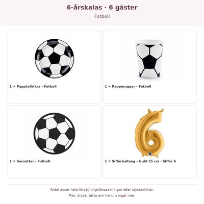 6-årskalas, Fotboll, kalaspaket, 6 gäster – innehåll och antal förpackningar