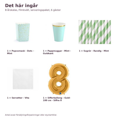 8-årskalas, Filmkväll, serveringspaket, 6 gäster – innehåll och antal, sifferballong 100 cm
