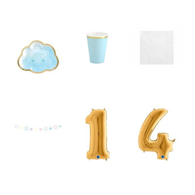 14-årskalas, Pyjamasparty – moln och stjärnor, kalaspaket, 6 gäster – paketets produkter med sifferballong 100 cm