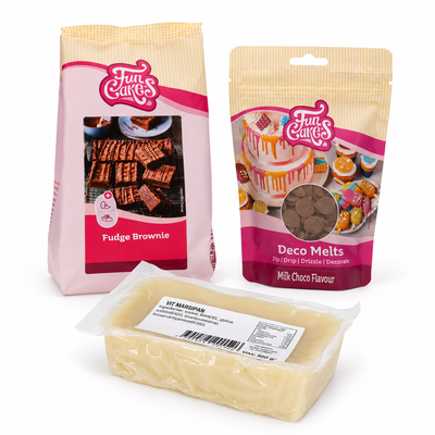 Produktöversikt: Browniebitar med marsipantäcke och chokladsmakande dopp