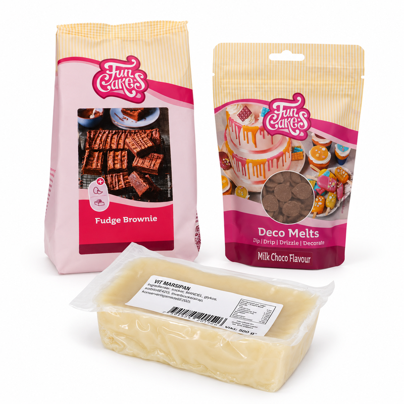 Produktöversikt: Browniebitar med marsipantäcke och chokladsmakande dopp