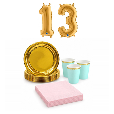 13-årskalas, Mint, rosa och guld, kalaspaket, 6 gäster – sammansatt bild av paketets produkter