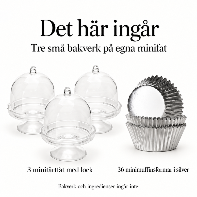 Det här ingår – tre minitårtfat med lock och 36 minimuffinsformar i silver