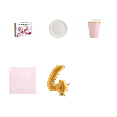 4-årskalas, Prinsesskalas, kalaspaket, 6 gäster – paketets produkter med sifferballong 100 cm