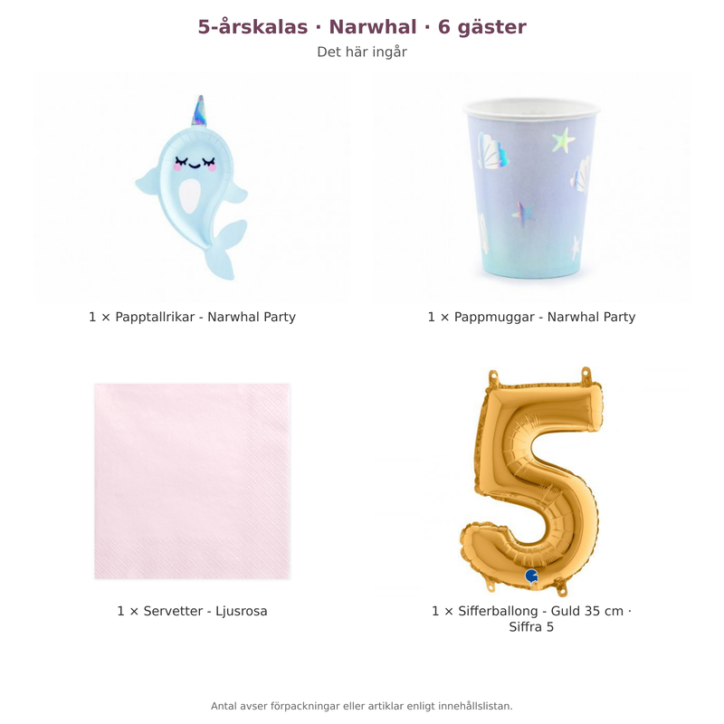 5-årskalas, Narwhal, kalaspaket, 6 gäster – innehåll och antal förpackningar