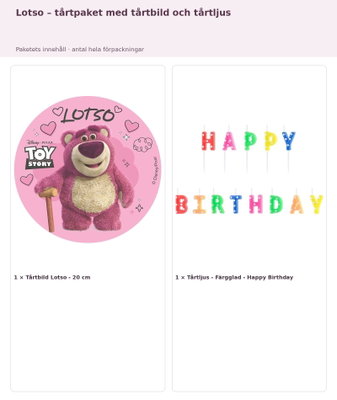 Lotso – tårtpaket med tårtbild och tårtljus – innehåll och antal