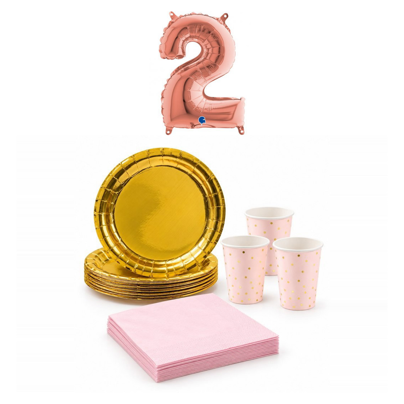 2-årskalas, Rosa och guld, kalaspaket, 6 gäster – sammansatt bild av paketets produkter