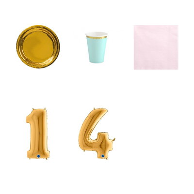 14-årskalas, Mint, rosa och guld, kalaspaket, 6 gäster – paketets produkter med sifferballong 100 cm