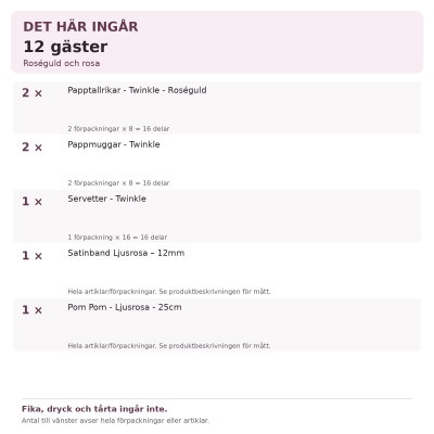 Dop flicka – roséguld och rosa – fikadukning, 12 gäster – innehåll och antal