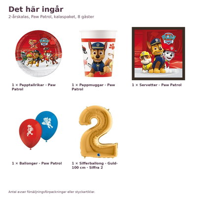 2-årskalas, Paw Patrol, kalaspaket, 8 gäster – innehåll och antal, sifferballong 100 cm