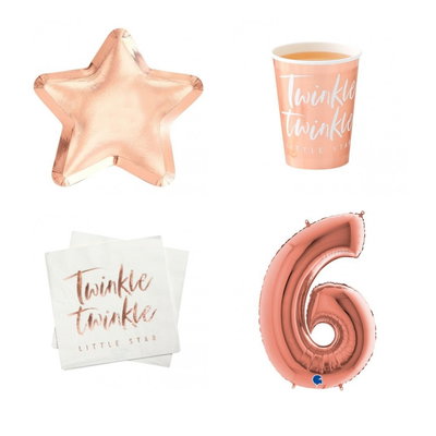 6-årskalas, Twinkle, kalaspaket, 8 gäster – paketets produkter med sifferballong 100 cm