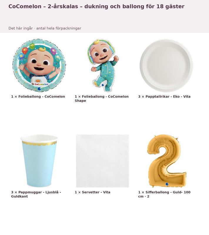 CoComelon – 2-årskalas – dukning och ballong för 18 gäster – innehåll och antal