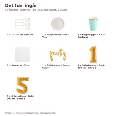 15-årskalas, Spelkväll – tre i rad, kalaspaket, 6 gäster – innehåll och antal, sifferballong 100 cm