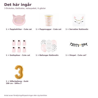 3-årskalas, Kattkalas, kalaspaket, 6 gäster – innehåll och antal, sifferballong 100 cm