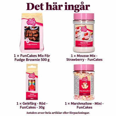 Det här ingår: Blodröda dessertglas med brownie och jordgubbsmousse