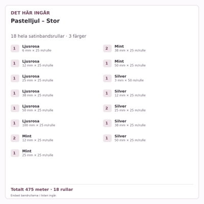 Det här ingår – Satinbandspaket – Pastelljul – Stor – 18 rullar