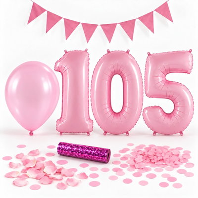 105-års festpaket, Rosa, Stor – paketets dekorationer på vit bakgrund