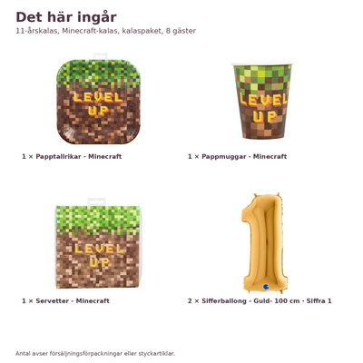11-årskalas, Minecraft-kalas, kalaspaket, 8 gäster – innehåll och antal, sifferballong 100 cm