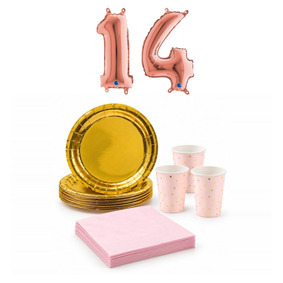 14-årskalas, Rosa och guld, kalaspaket, 6 gäster – sammansatt bild av paketets produkter