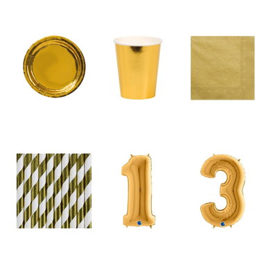 13-årskalas, Guld, kalaspaket, 8 gäster – paketets produkter med sifferballong 100 cm