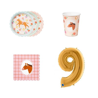 9-årskalas, Hästkalas, kalaspaket, 6 gäster – paketets produkter med sifferballong 100 cm