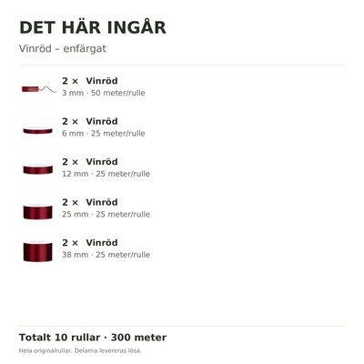 Det här ingår – Satinbandspaket – Vinröd – 10 rullar