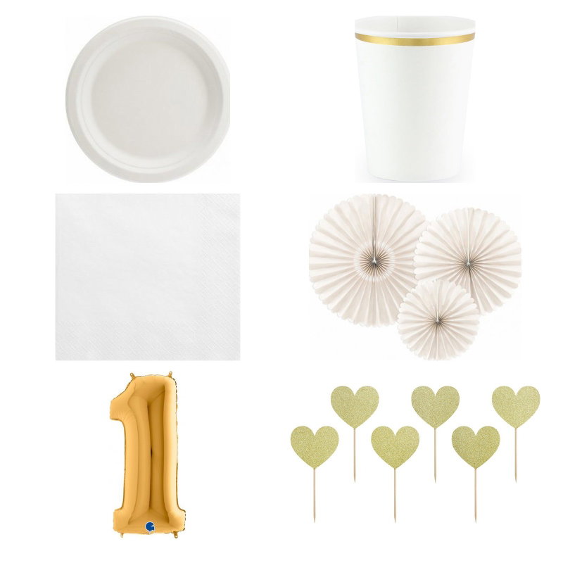 1-årskalas – beige och vitt – matchande fikapaket, 6 gäster – paketets produkter