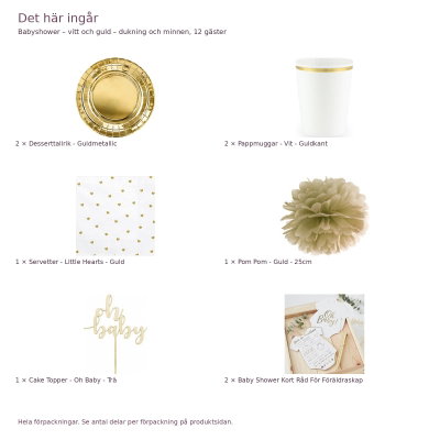 Babyshower – vitt och guld – dukning och minnen, 12 gäster – innehåll och antal förpackningar