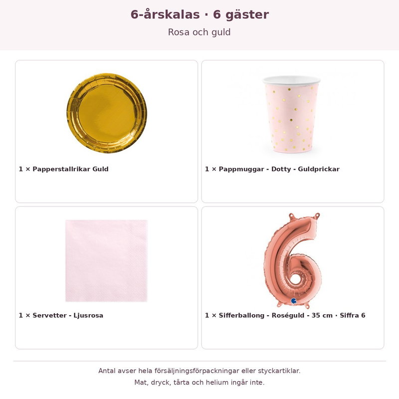 6-årskalas, Rosa och guld, kalaspaket, 6 gäster – innehåll och antal förpackningar