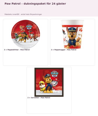 Paw Patrol – dukningspaket för 24 gäster – innehåll och antal