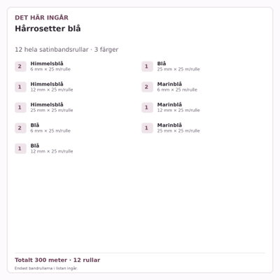 Det här ingår – Satinbandspaket – Hårrosetter blå – 12 rullar