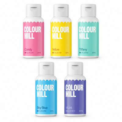 Färgpaket Regnbåge, oljebaserade ätbara Färger - Colour Mill – färgflaskor på vit bakgrund