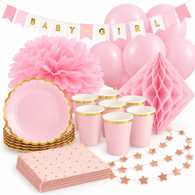 Babyshower flicka – rosa och guld – fika och dekorationer, 6 gäster – samlat paketinnehåll