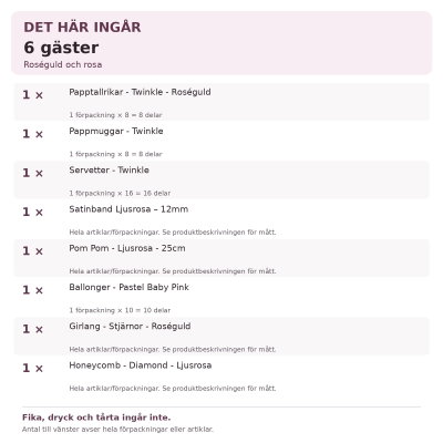 Dop flicka – roséguld och rosa – fikadukning & dekorationer, 6 gäster – innehåll och antal