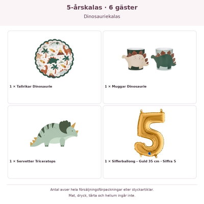 5-årskalas, Dinosauriekalas, kalaspaket, 6 gäster – innehåll och antal förpackningar