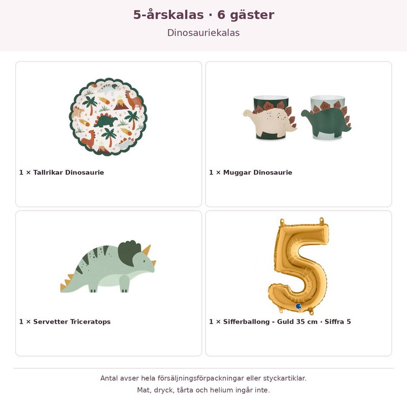 5-årskalas, Dinosauriekalas, kalaspaket, 6 gäster – innehåll och antal förpackningar