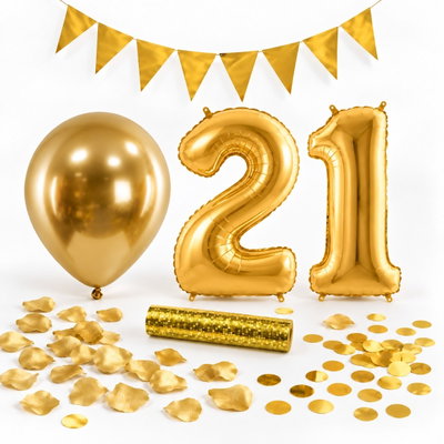 21-års festpaket, Guld, Stor – paketets dekorationer på vit bakgrund