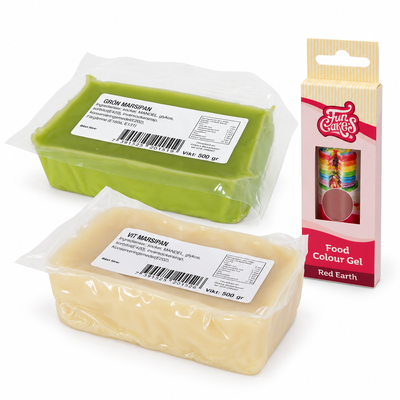 Produktöversikt: Marsipanfläta i grönt, vitt och terrakotta