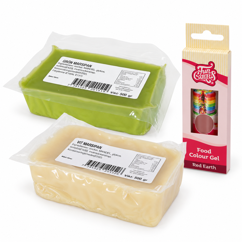 Produktöversikt: Marsipanfläta i grönt, vitt och terrakotta