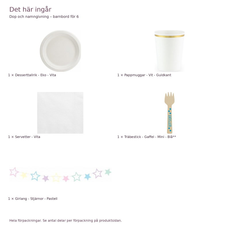 Dop och namngivning – barnbord för 6 – exakt innehåll och antal förpackningar