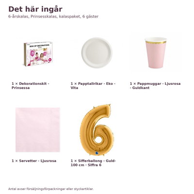 6-årskalas, Prinsesskalas, kalaspaket, 6 gäster – innehåll och antal, sifferballong 100 cm