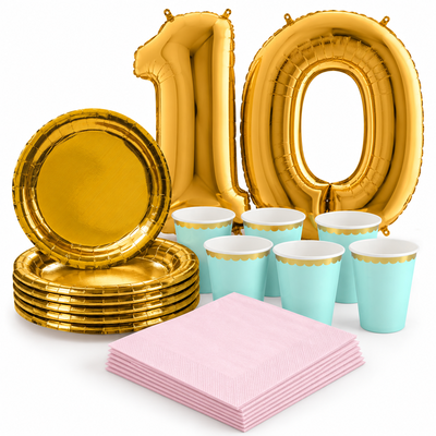 10-årskalas, Mint, rosa och guld, kalaspaket, 6 gäster – samlat paketinnehåll