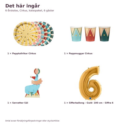 6-årskalas, Cirkus, kalaspaket, 6 gäster – innehåll och antal, sifferballong 100 cm