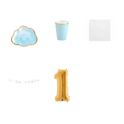 11-årskalas, Pyjamasparty – moln och stjärnor, kalaspaket, 6 gäster – paketets produkter med sifferballong 100 cm