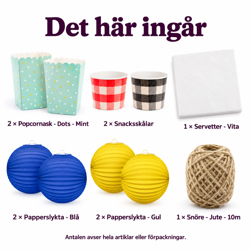 Trädgårdsbio för tolv – popcornbord under blågula lyktor – innehåll och antal