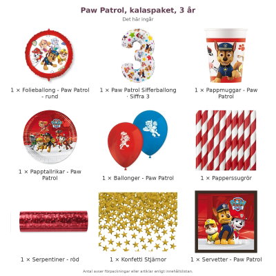 Paw Patrol, kalaspaket, 3 år – innehåll och antal förpackningar
