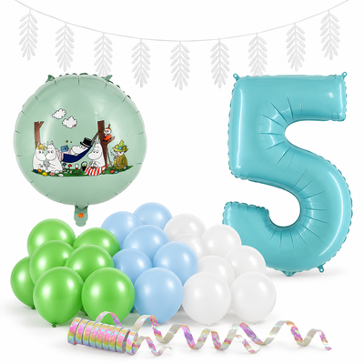 Mumin 5 år – dekorationspaket Mumindalen – paketets produkter